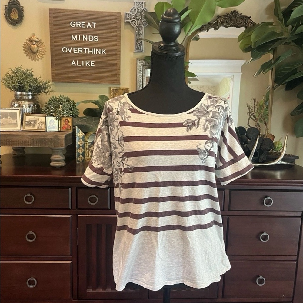 Anthropologie Pilcro and the Letterpress Gray and Burgundy Striped Floral Tee